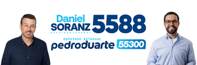Faixa branca com os retratos de Daniel Soranz e Pedro Duarte, e as marcas 5588 e 55300 entre eles